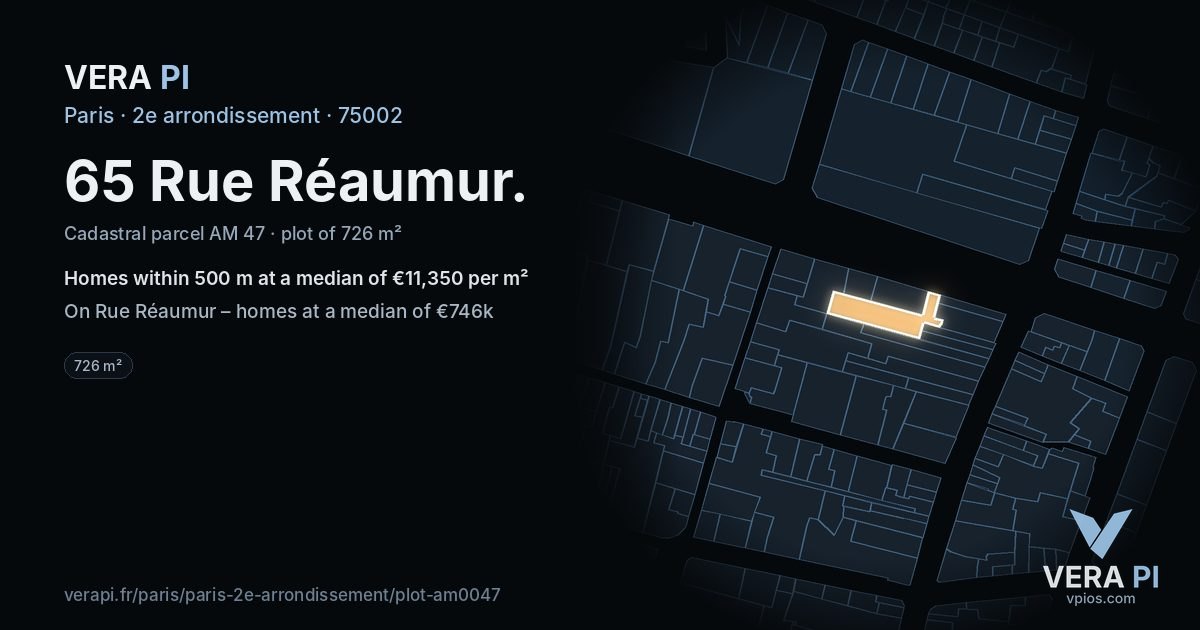 65 Rue Réaumur, 2e arrondissement at night – the plot lit, the parcels around coloured by the prices near them