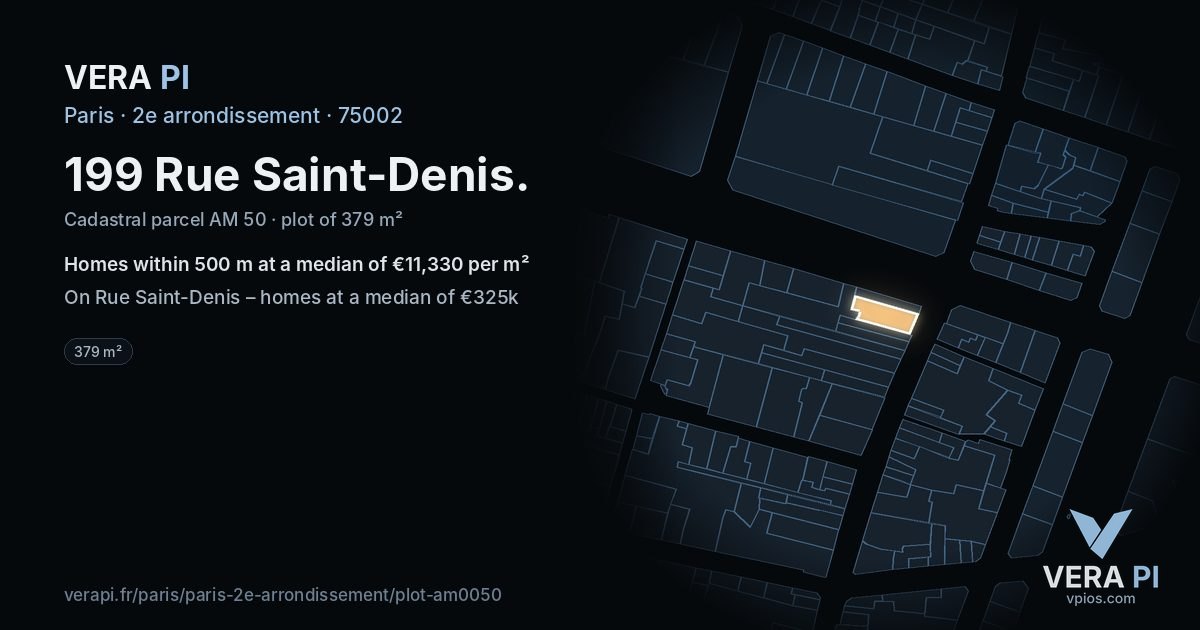 199 Rue Saint-Denis, 2e arrondissement at night – the plot lit, the parcels around coloured by the prices near them