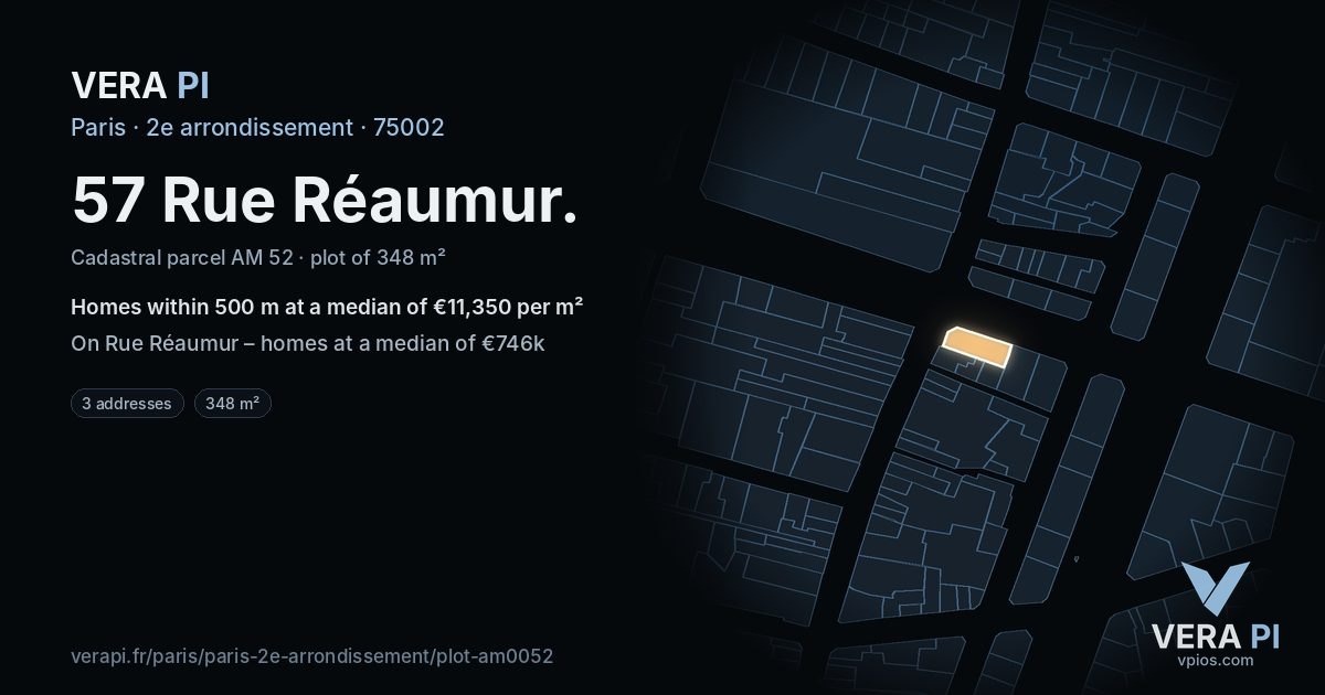 57 Rue Réaumur, 2e arrondissement at night – the plot lit, the parcels around coloured by the prices near them