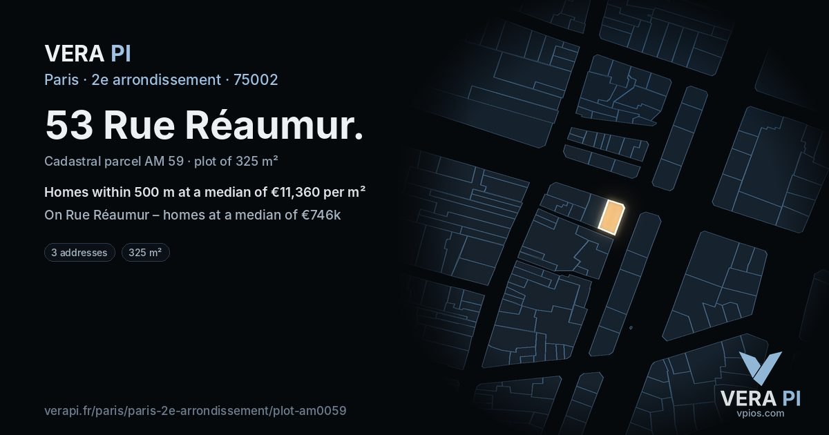 53 Rue Réaumur, 2e arrondissement at night – the plot lit, the parcels around coloured by the prices near them