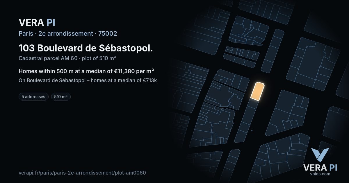 103 Boulevard de Sébastopol, 2e arrondissement at night – the plot lit, the parcels around coloured by the prices near them
