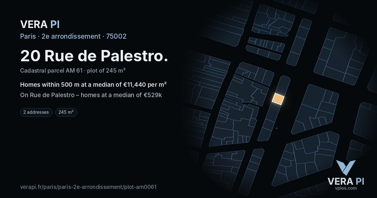 20 Rue de Palestro, 2e arrondissement at night – the plot lit, the parcels around coloured by the prices near them