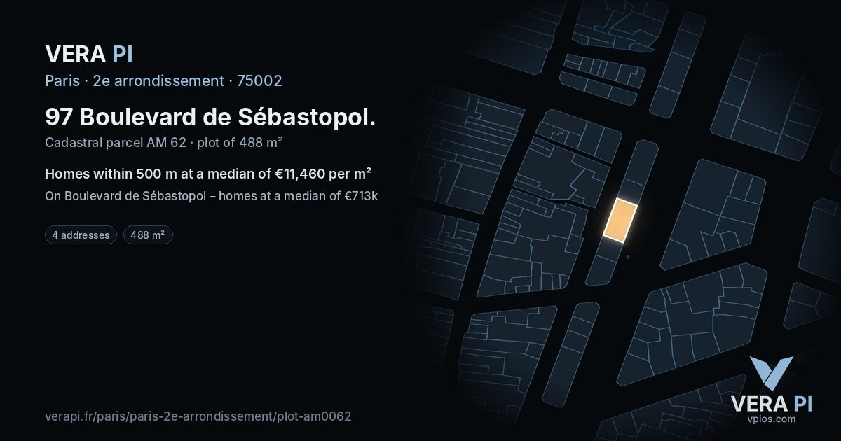 97 Boulevard de Sébastopol, 2e arrondissement at night – the plot lit, the parcels around coloured by the prices near them