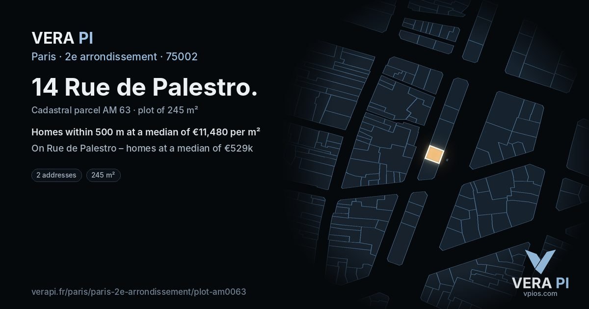 14 Rue de Palestro, 2e arrondissement at night – the plot lit, the parcels around coloured by the prices near them