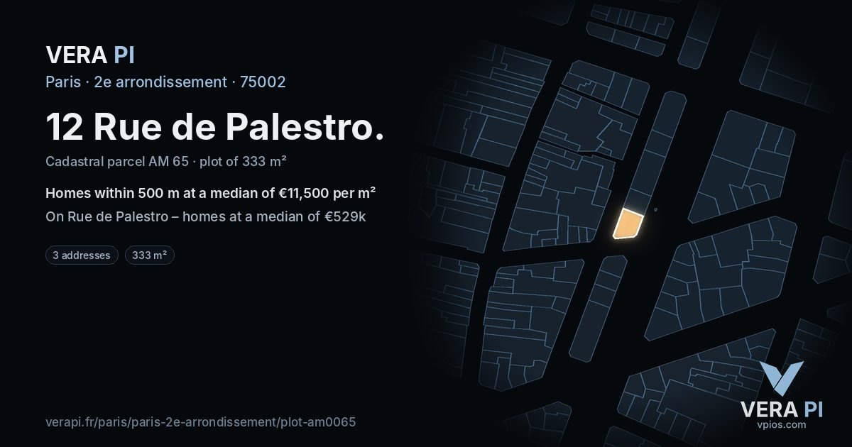 12 Rue de Palestro, 2e arrondissement at night – the plot lit, the parcels around coloured by the prices near them