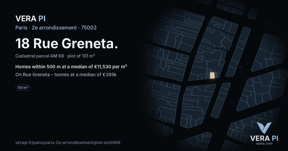 18 Rue Greneta, 2e arrondissement at night – the plot lit, the parcels around coloured by the prices near them