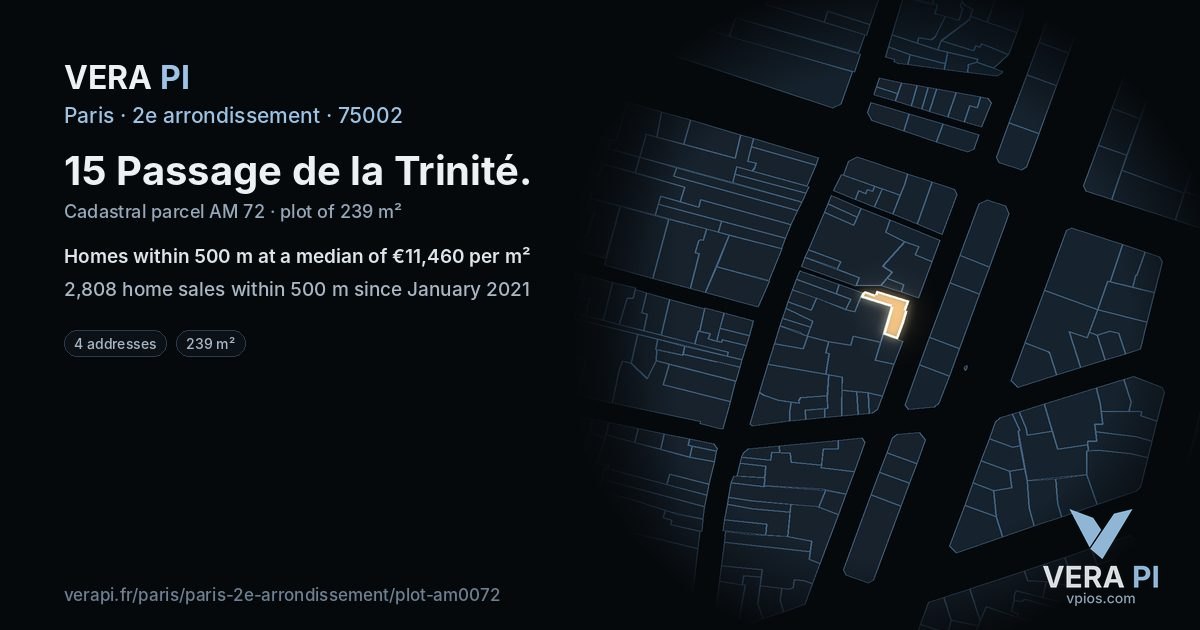15 Passage de la Trinité, 2e arrondissement at night – the plot lit, the parcels around coloured by the prices near them