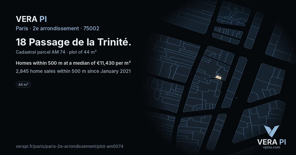 18 Passage de la Trinité, 2e arrondissement at night – the plot lit, the parcels around coloured by the prices near them