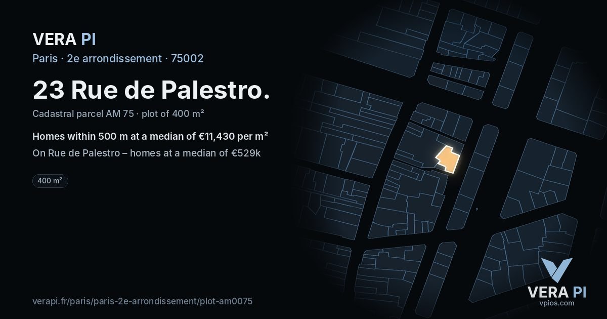 23 Rue de Palestro, 2e arrondissement at night – the plot lit, the parcels around coloured by the prices near them