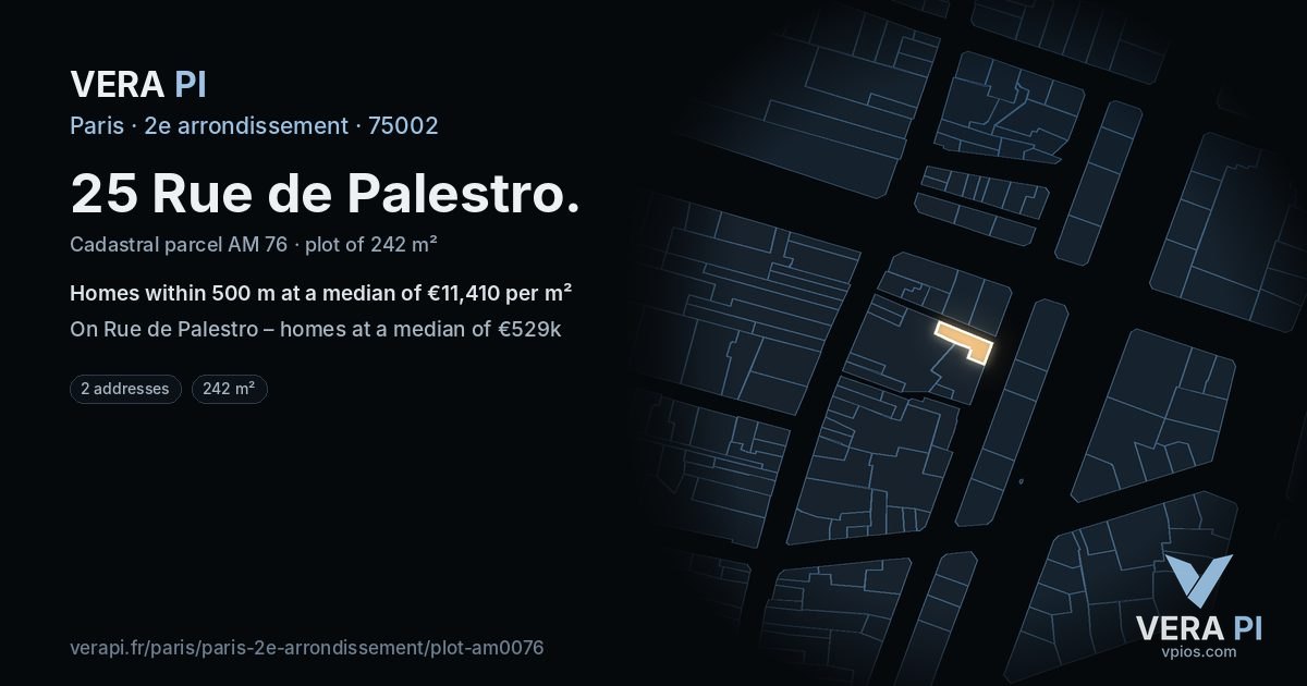 25 Rue de Palestro, 2e arrondissement at night – the plot lit, the parcels around coloured by the prices near them