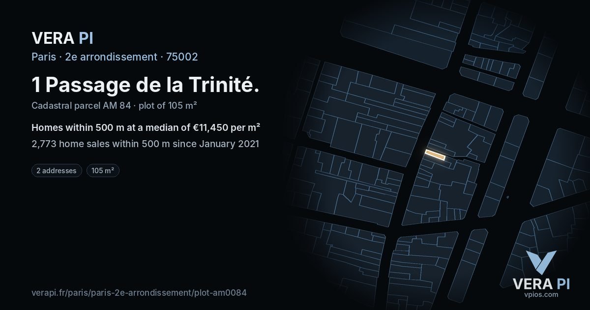 1 Passage de la Trinité, 2e arrondissement at night – the plot lit, the parcels around coloured by the prices near them