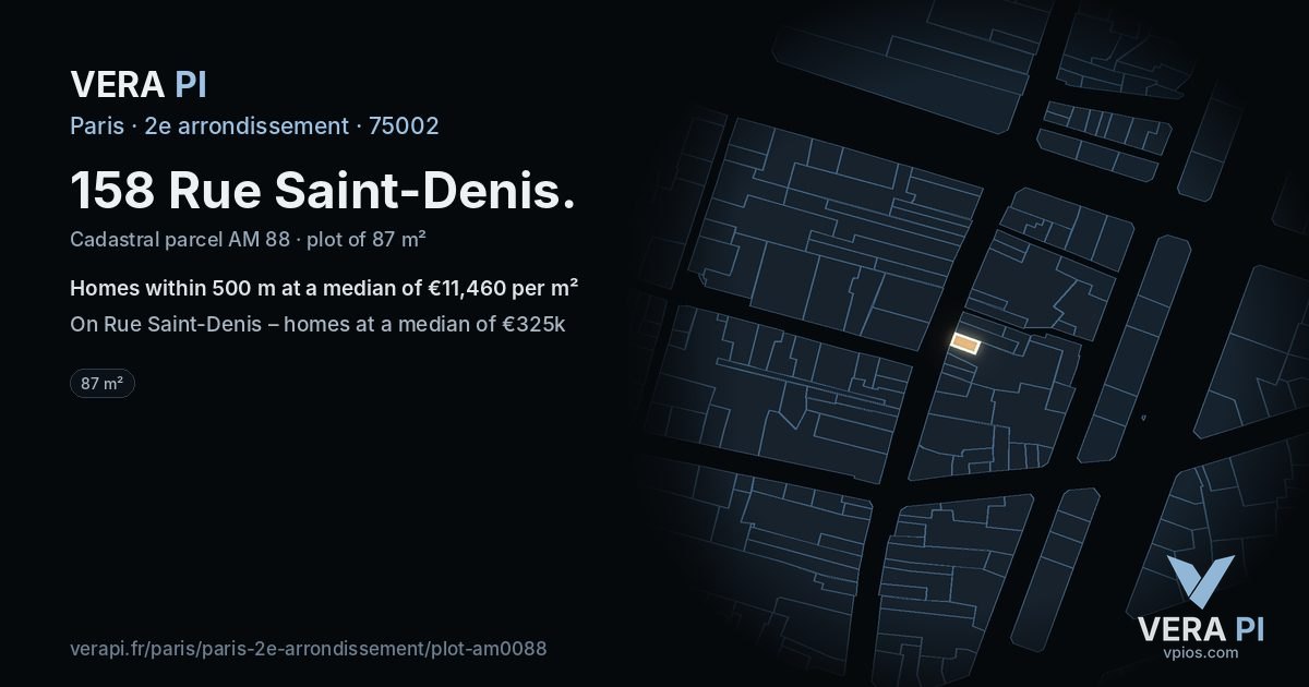 158 Rue Saint-Denis, 2e arrondissement at night – the plot lit, the parcels around coloured by the prices near them