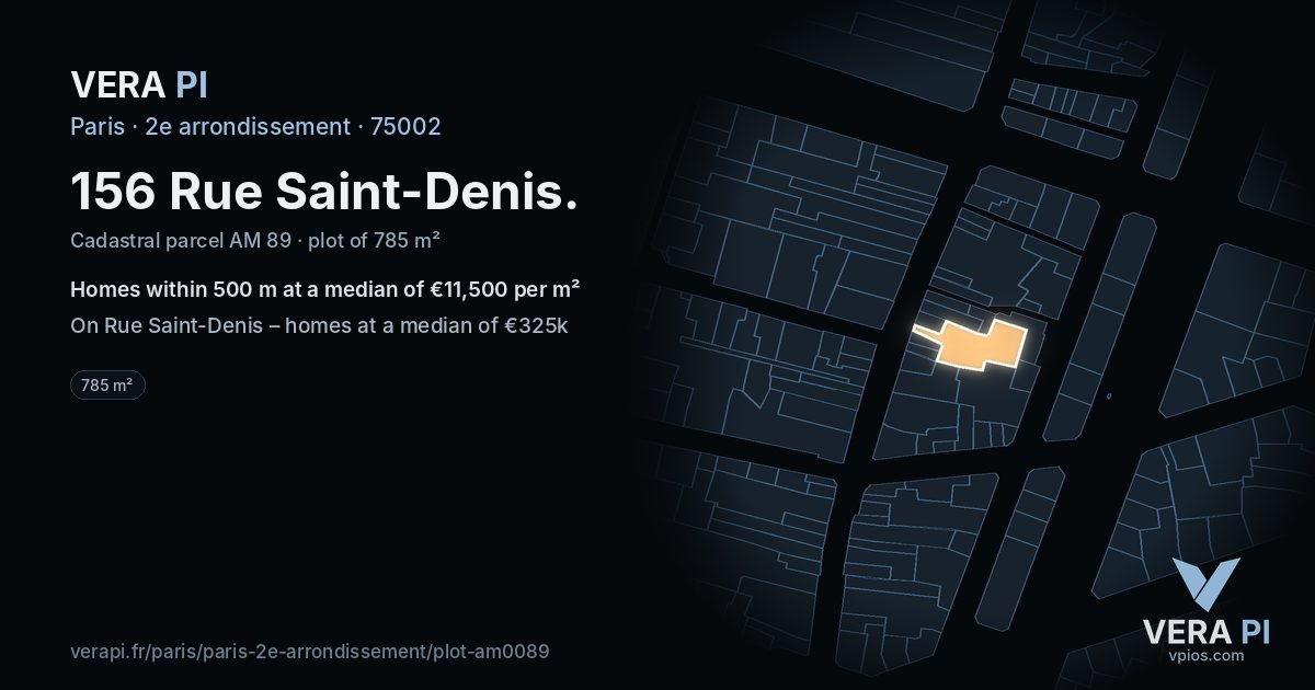 156 Rue Saint-Denis, 2e arrondissement at night – the plot lit, the parcels around coloured by the prices near them
