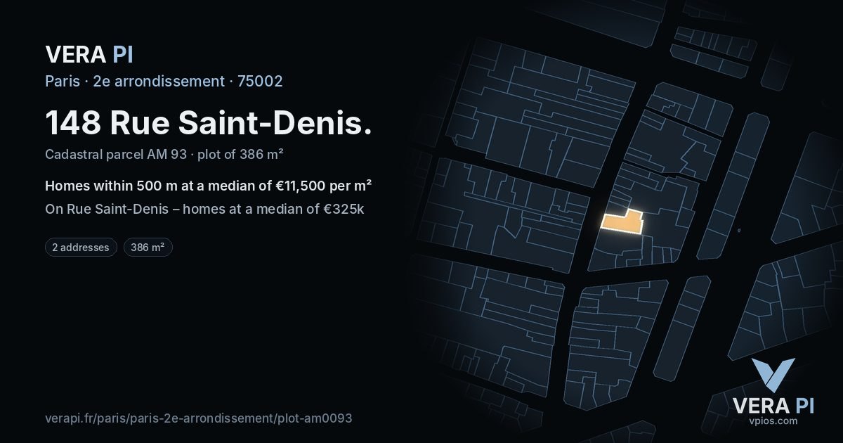 148 Rue Saint-Denis, 2e arrondissement at night – the plot lit, the parcels around coloured by the prices near them