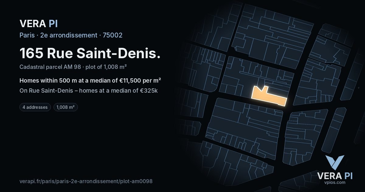 165 Rue Saint-Denis, 2e arrondissement at night – the plot lit, the parcels around coloured by the prices near them