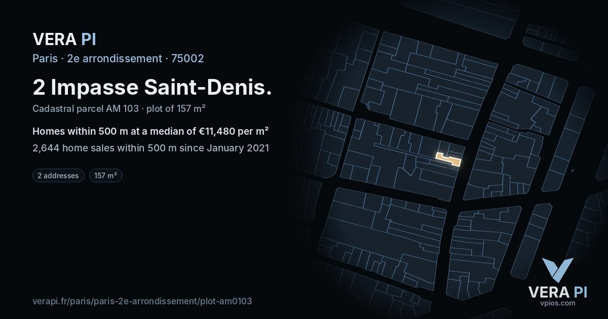 2 Impasse Saint-Denis, 2e arrondissement at night – the plot lit, the parcels around coloured by the prices near them