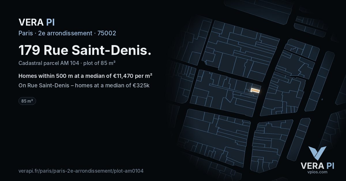 179 Rue Saint-Denis, 2e arrondissement at night – the plot lit, the parcels around coloured by the prices near them