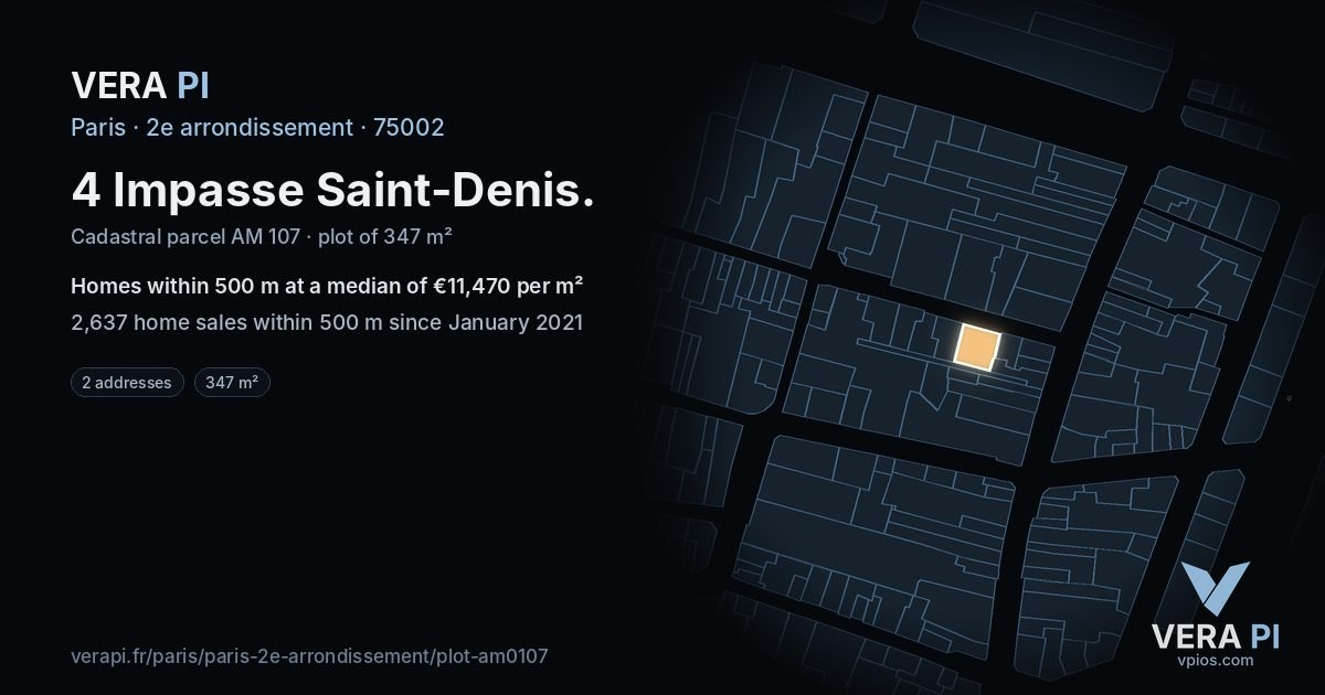 4 Impasse Saint-Denis, 2e arrondissement at night – the plot lit, the parcels around coloured by the prices near them