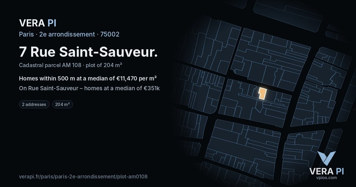 7 Rue Saint-Sauveur, 2e arrondissement at night – the plot lit, the parcels around coloured by the prices near them