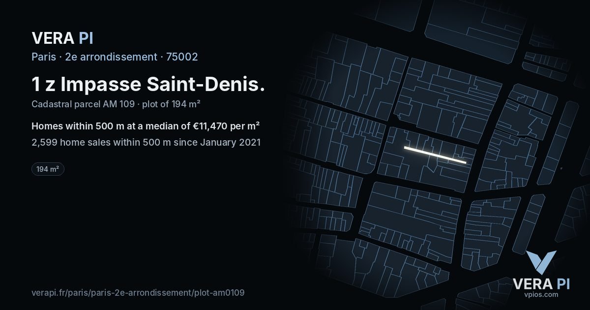 1 z Impasse Saint-Denis, 2e arrondissement at night – the plot lit, the parcels around coloured by the prices near them