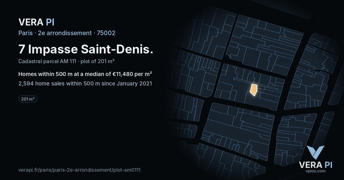 7 Impasse Saint-Denis, 2e arrondissement at night – the plot lit, the parcels around coloured by the prices near them