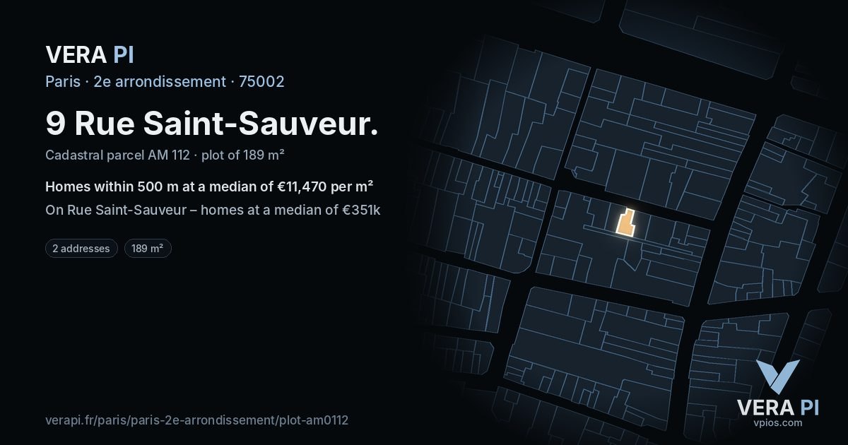 9 Rue Saint-Sauveur, 2e arrondissement at night – the plot lit, the parcels around coloured by the prices near them