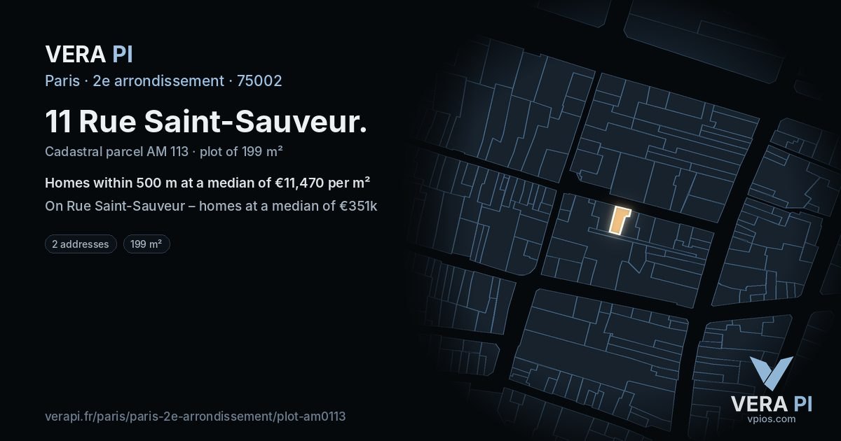 11 Rue Saint-Sauveur, 2e arrondissement at night – the plot lit, the parcels around coloured by the prices near them