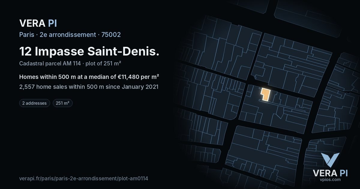 12 Impasse Saint-Denis, 2e arrondissement at night – the plot lit, the parcels around coloured by the prices near them