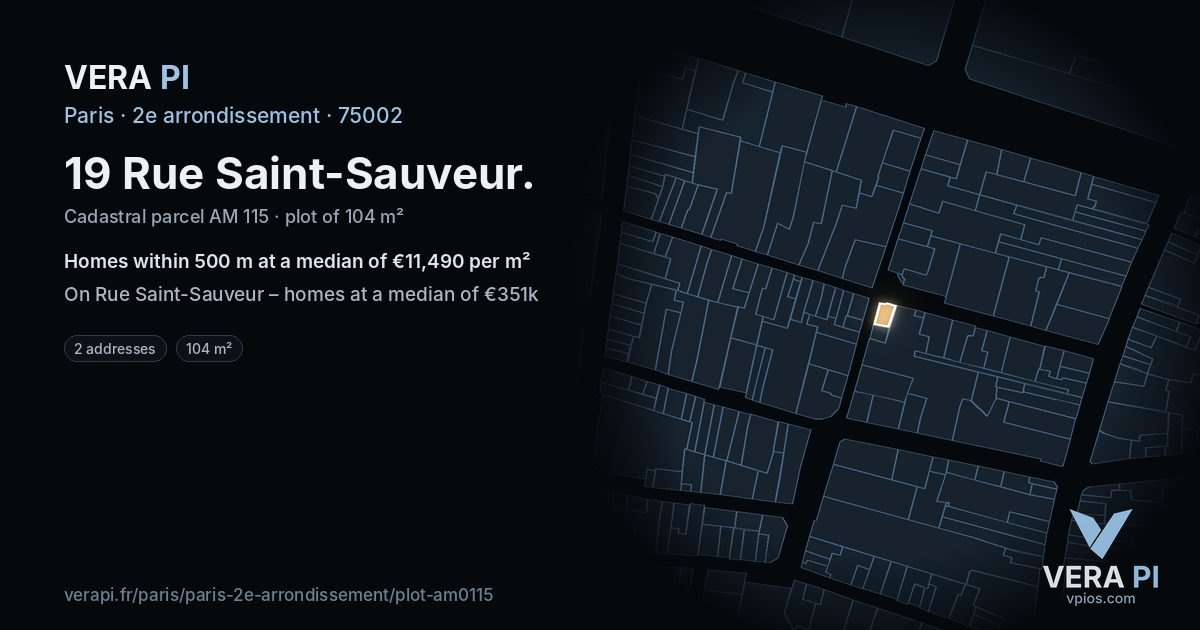 19 Rue Saint-Sauveur, 2e arrondissement at night – the plot lit, the parcels around coloured by the prices near them