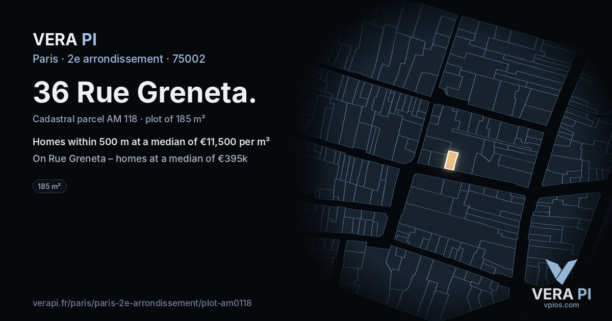 36 Rue Greneta, 2e arrondissement at night – the plot lit, the parcels around coloured by the prices near them