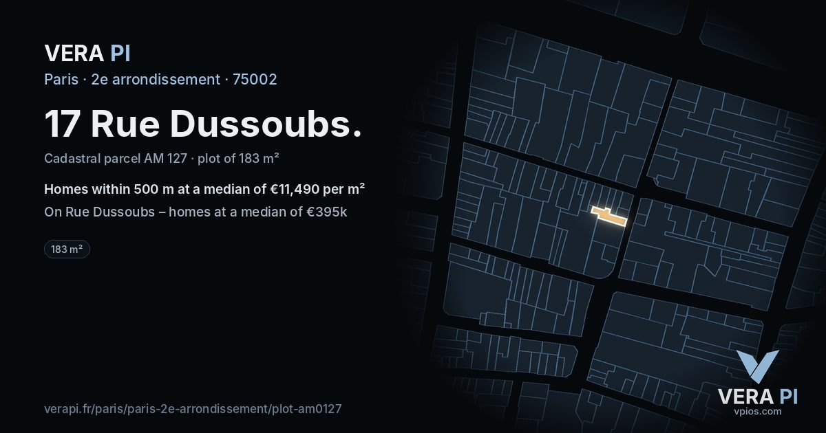 17 Rue Dussoubs, 2e arrondissement at night – the plot lit, the parcels around coloured by the prices near them