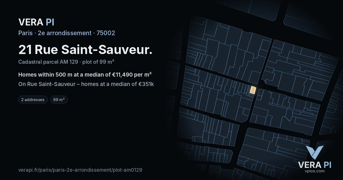21 Rue Saint-Sauveur, 2e arrondissement at night – the plot lit, the parcels around coloured by the prices near them