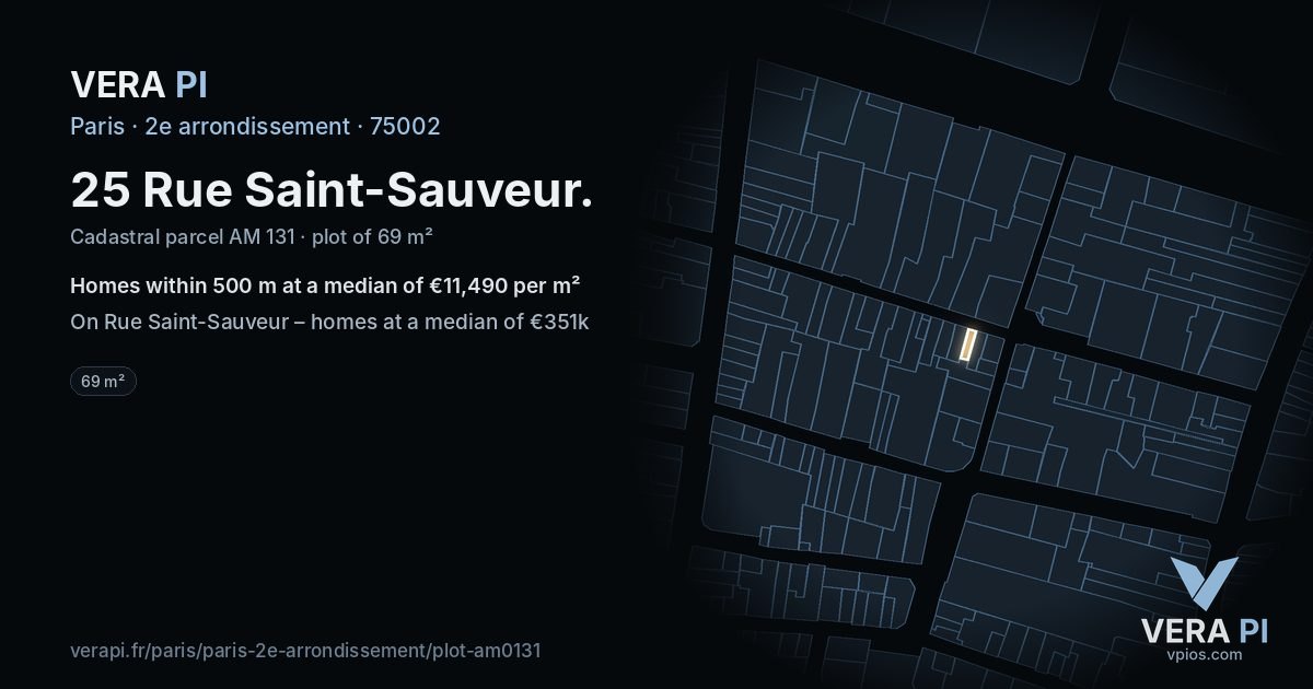 25 Rue Saint-Sauveur, 2e arrondissement at night – the plot lit, the parcels around coloured by the prices near them