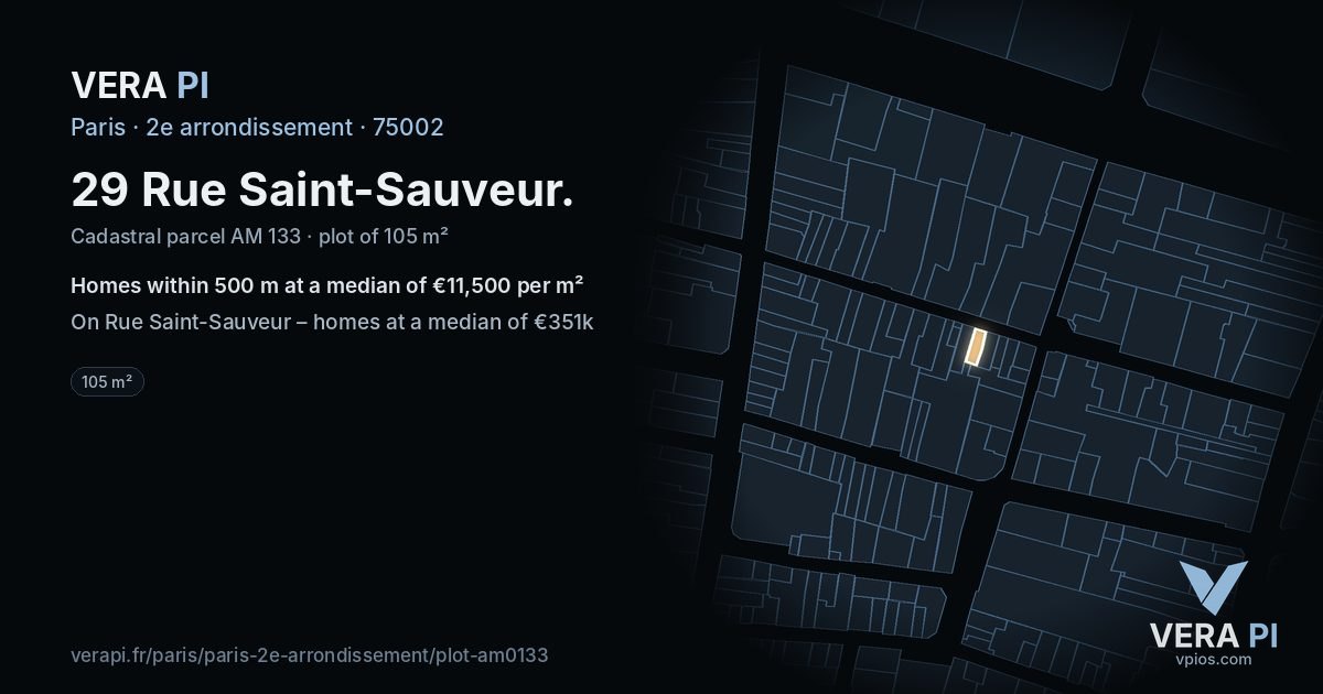 29 Rue Saint-Sauveur, 2e arrondissement at night – the plot lit, the parcels around coloured by the prices near them