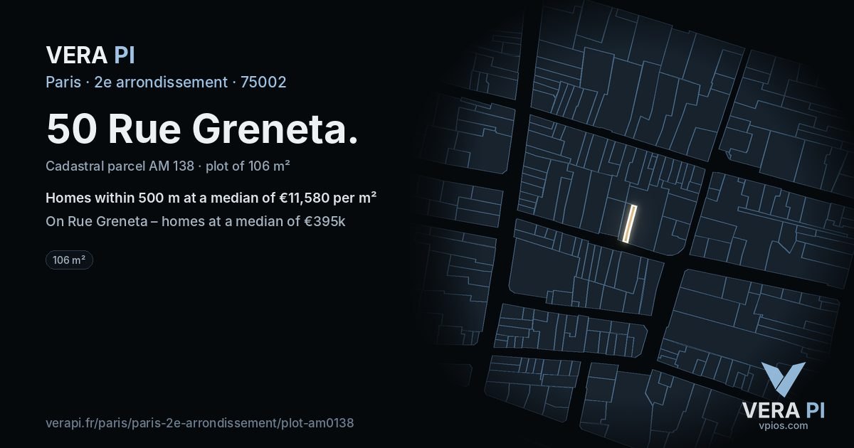 50 Rue Greneta, 2e arrondissement at night – the plot lit, the parcels around coloured by the prices near them