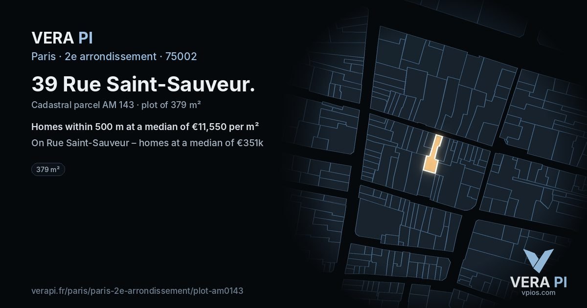 39 Rue Saint-Sauveur, 2e arrondissement at night – the plot lit, the parcels around coloured by the prices near them