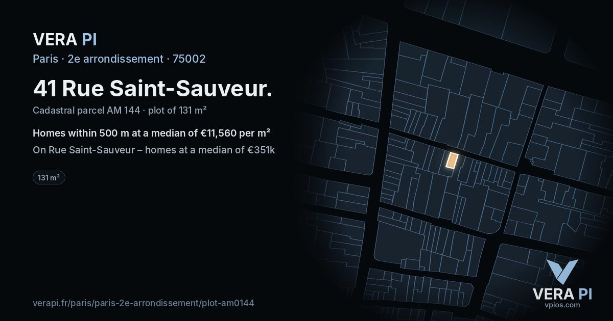 41 Rue Saint-Sauveur, 2e arrondissement at night – the plot lit, the parcels around coloured by the prices near them