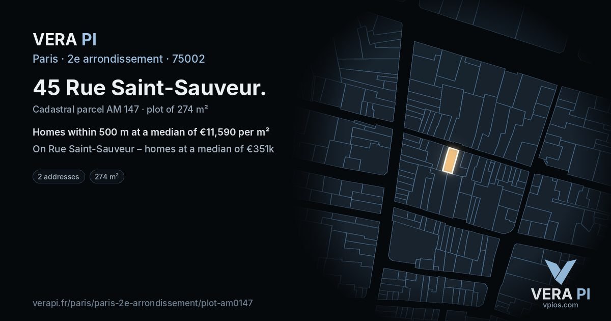 45 Rue Saint-Sauveur, 2e arrondissement at night – the plot lit, the parcels around coloured by the prices near them