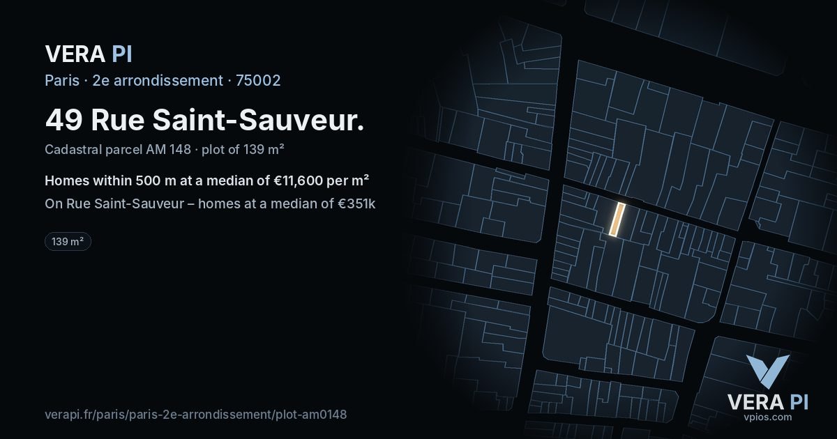 49 Rue Saint-Sauveur, 2e arrondissement at night – the plot lit, the parcels around coloured by the prices near them