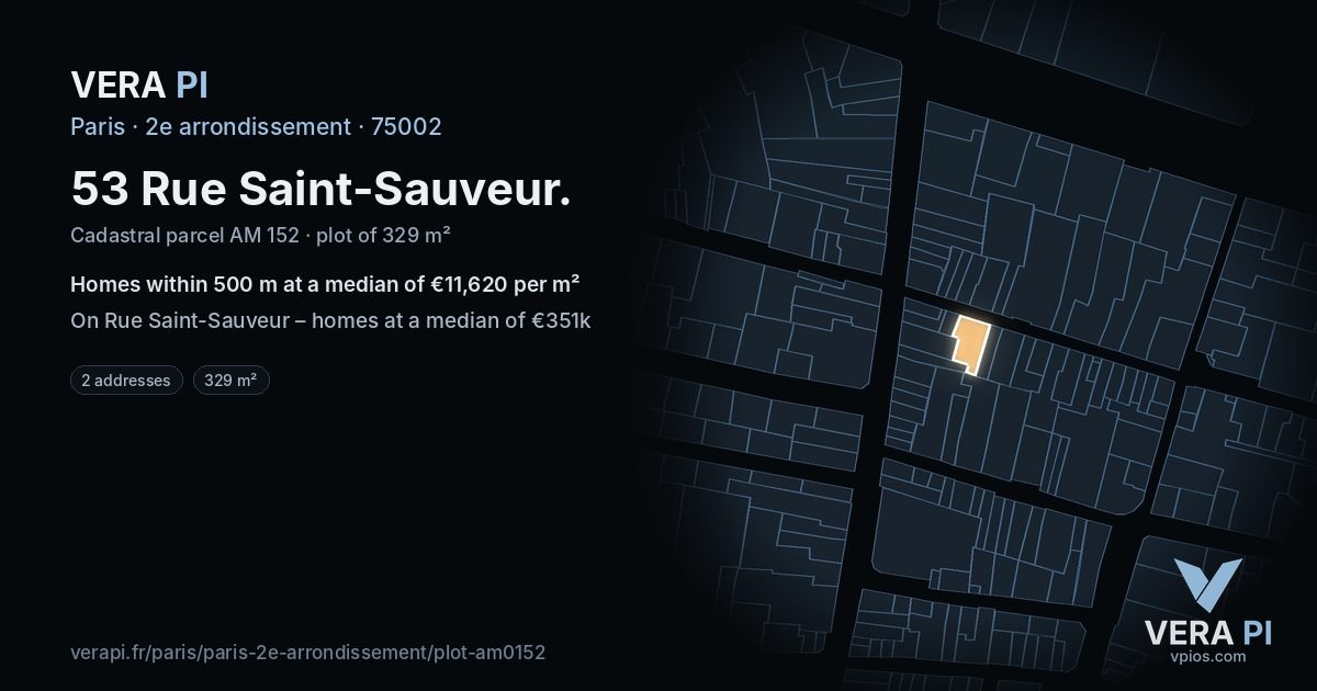 53 Rue Saint-Sauveur, 2e arrondissement at night – the plot lit, the parcels around coloured by the prices near them