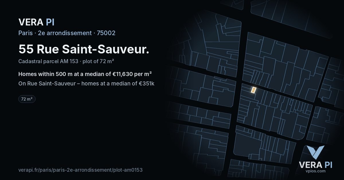 55 Rue Saint-Sauveur, 2e arrondissement at night – the plot lit, the parcels around coloured by the prices near them