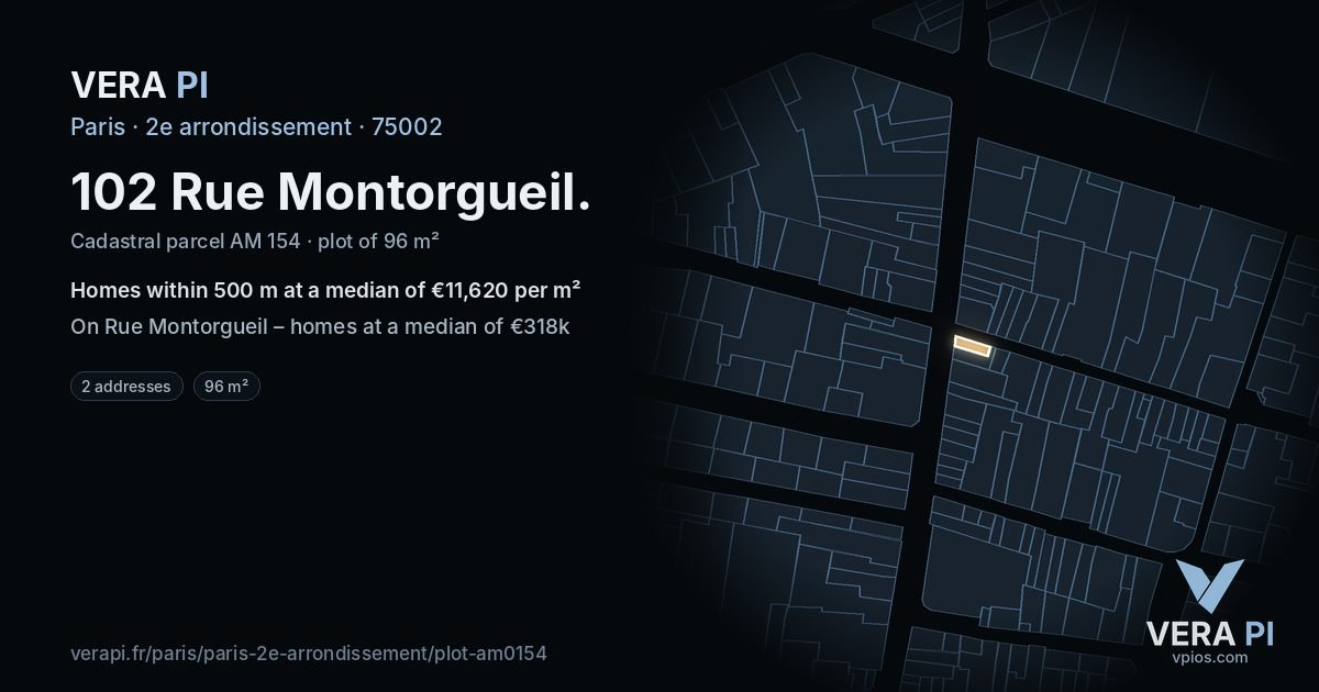 102 Rue Montorgueil, 2e arrondissement at night – the plot lit, the parcels around coloured by the prices near them