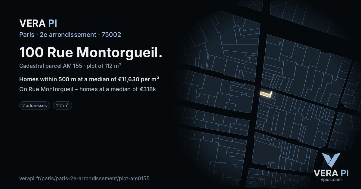 100 Rue Montorgueil, 2e arrondissement at night – the plot lit, the parcels around coloured by the prices near them