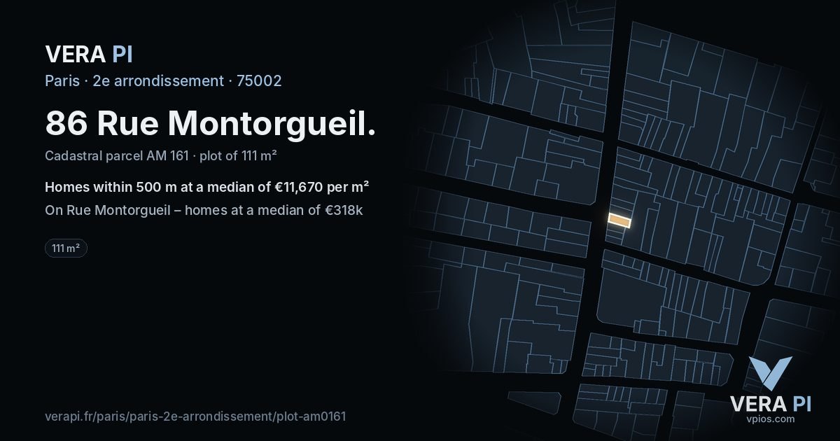 86 Rue Montorgueil, 2e arrondissement at night – the plot lit, the parcels around coloured by the prices near them