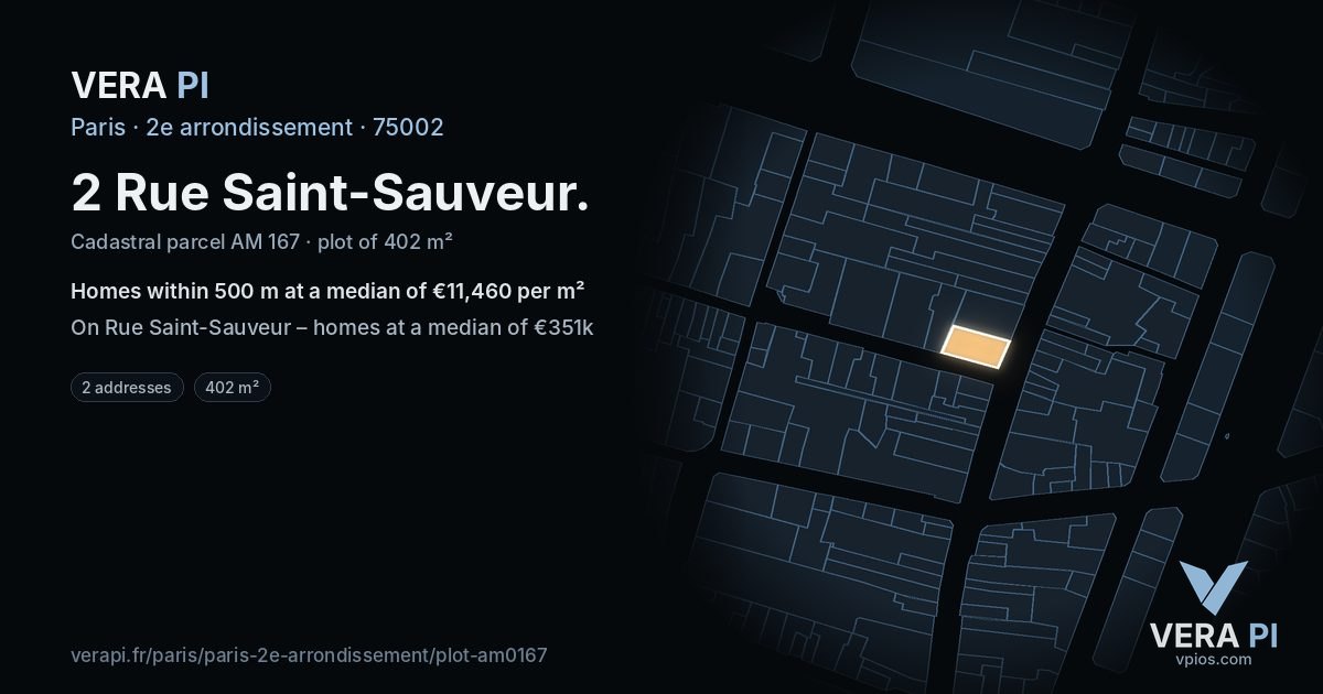 2 Rue Saint-Sauveur, 2e arrondissement at night – the plot lit, the parcels around coloured by the prices near them