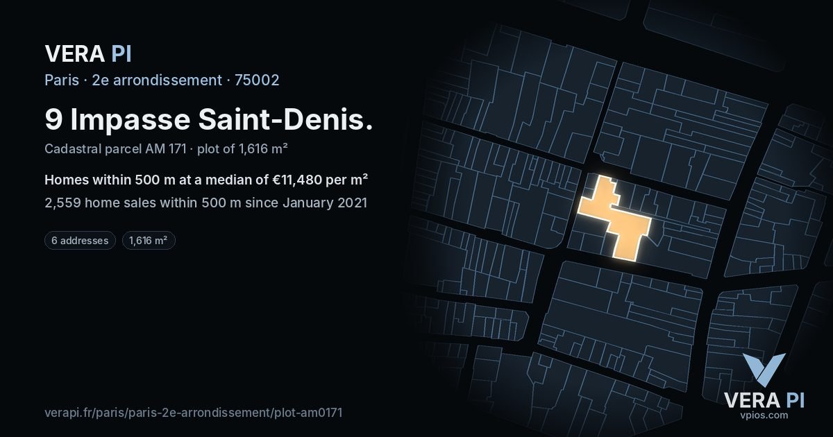 9 Impasse Saint-Denis, 2e arrondissement at night – the plot lit, the parcels around coloured by the prices near them