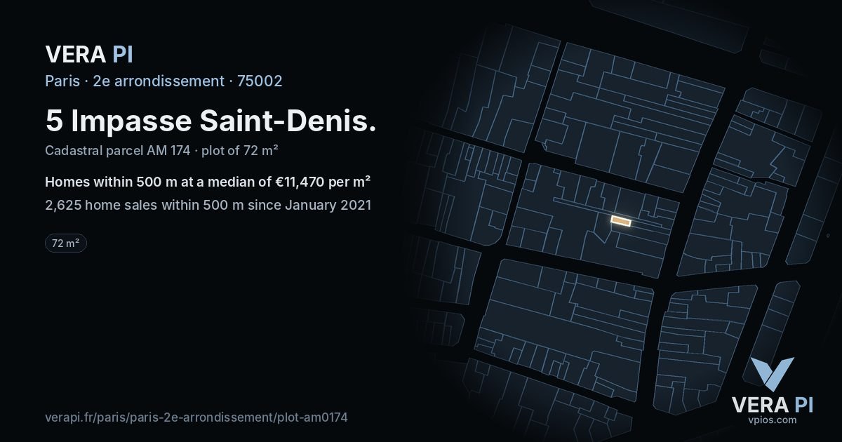 5 Impasse Saint-Denis, 2e arrondissement at night – the plot lit, the parcels around coloured by the prices near them