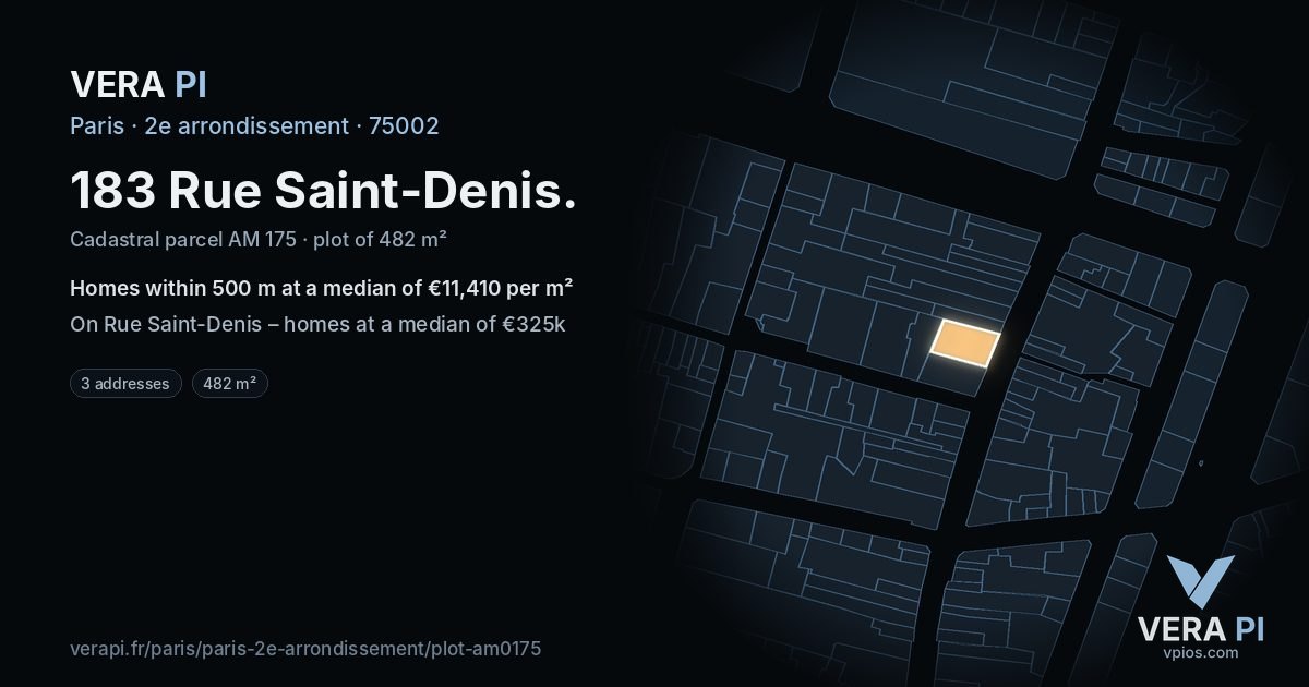 183 Rue Saint-Denis, 2e arrondissement at night – the plot lit, the parcels around coloured by the prices near them