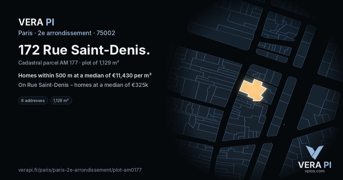 172 Rue Saint-Denis, 2e arrondissement at night – the plot lit, the parcels around coloured by the prices near them