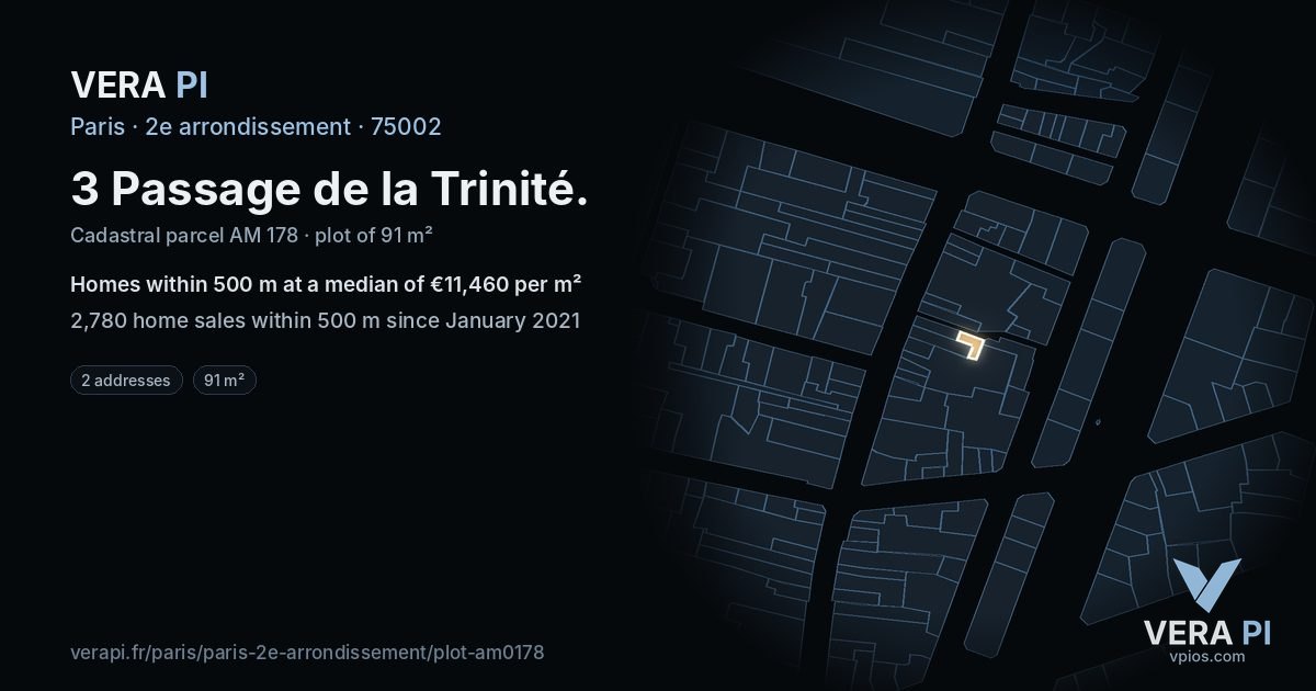 3 Passage de la Trinité, 2e arrondissement at night – the plot lit, the parcels around coloured by the prices near them